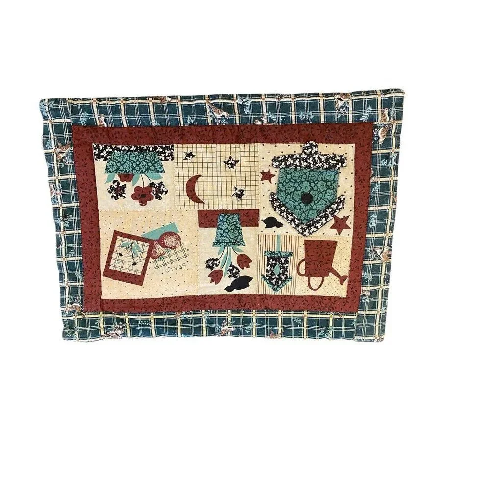 Set Of 3 Quilted Table Placemats With Country Birdhouse Design & Plaid Backing